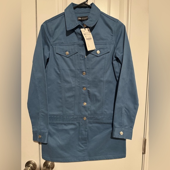 ZARA Women’s Blue Button Front Shirt Dress Long Sleeve w/ Pockets – Size XS - Picture 5 of 9